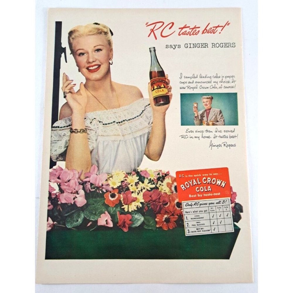 Vintage Ginger Rogers RC Royal Crown Cola Print Ad 1940s Dress 10.5x14